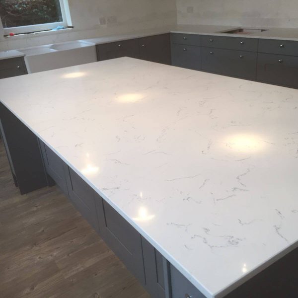 Carrara White Quartz - Rock & Co Granite and Quartz Worktops