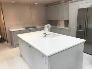 bianco de lusso white quartz worktops and island in ware kitchen